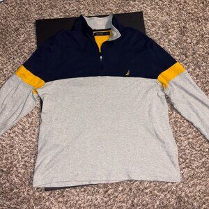 Nautica Mens 100% Cotton LS 1/4 Zip Yellow Navy Gray Sweater Extra Large XL